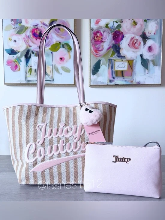 JUICY COUTURE Bag Free to Be Juicy Striped Tote - Pink Beige Tan - Picture 1 of 8
